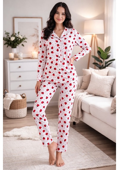 Pemilo Kadın 7113 Yakalı Düğmeli Uzun Kol Pijama Takımı Beyaz