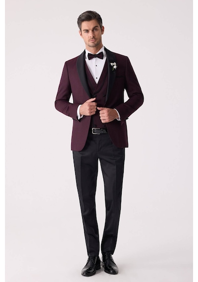 Ysf Erkek Mürdüm Çıkma Şal Yaka Slim Fit Damatlık
