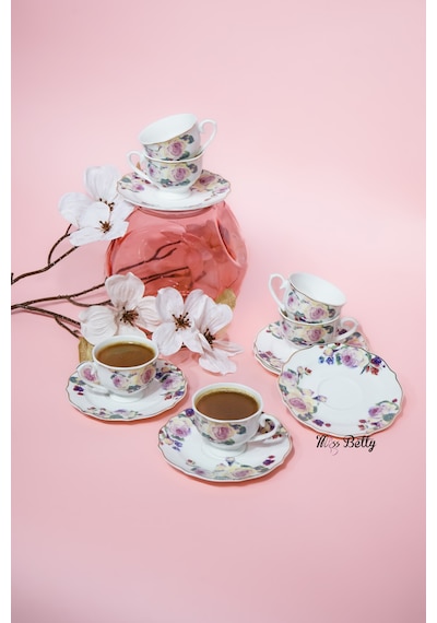 Rose Deluxe New Bone 6 Kişilik Kahve Fincan Takımı Türk Kahvesi Sunum Seti Beyaz - Pembe
