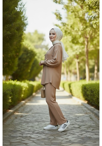 Stilkusagi Kadın Vizon Ön Bağlamalı Bürümcük Kimono Pantolon İkili Takım