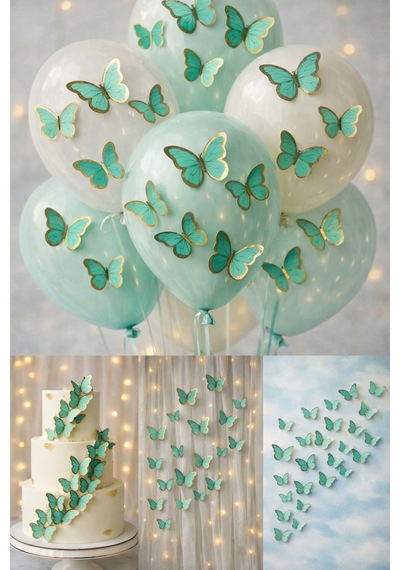 63 Adet Su Yeşili 3d Kelebek Süs Seti 4 - 6 CM Yapışkan Dahil Balon Pasta Duvar Dekoru