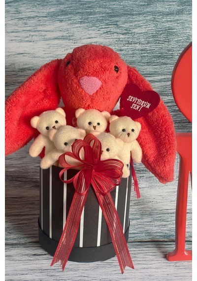 Sole Premium Özel Hediye Kutusunda 45 Cm Mercan Bunny Tavşan Ve 5 Adet Krem Peluş Ayıcık Buketi