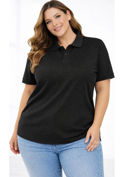 Wear Vexel Kadın Battal Beden Tişört Polo Yaka Pike Kumaş Kısa Kol T-shirt - Siyah Siyah