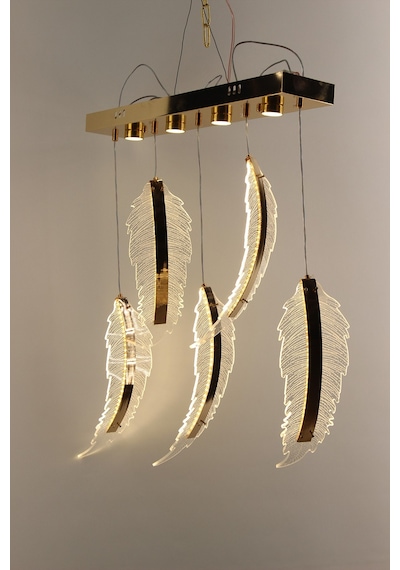 Lüks Gold Detaylı Kuş Tüyü Formlu Akrilik 5'li Sıralı Serisi Modern Led Avize