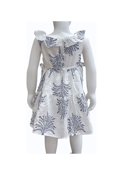 Çikoby Kız Bebek Çocuk Mavi Desenli Bel Lastikli Fırfırlı Elbise-13876 Beyaz