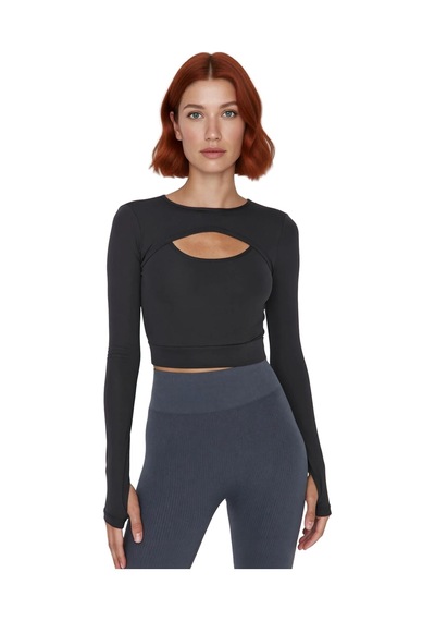 Ersefa Moda Bisiklet Yaka Örme Fit Düz Desen Sportswear Crop Uzun Kol Bl Antrasit