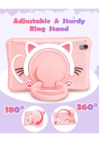 Honor Pad X8a 11 İnç Uyumlu Pembe Kedi Çocuk Kılıfı Askılı 360 Dönebilen Standlı Eğlenceli Koruyucu Dönerli Kılıf