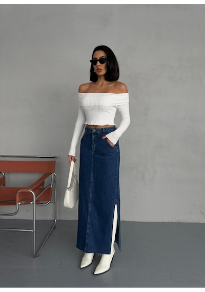 Zeo Basic Yanlardan Yırtmaçlı Jean Maxi Etek Mavi