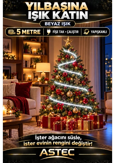 Astec Tak Çalıştır 5 Metre Yapışkanlı Beyaz Şerit Led Yılbaşı Ağacı Süsü Ve Dekoratif Ev Aydınlatması Fişe 220v