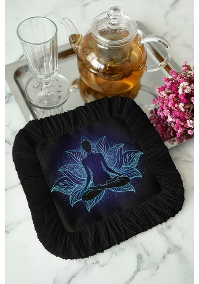 Lotus Enerji Saçaklı Sunum Peçetesi - Meditasyon Bohem Siyah Mavi Tasarımlı Bardak Altlığı Mendil Çok Renkli