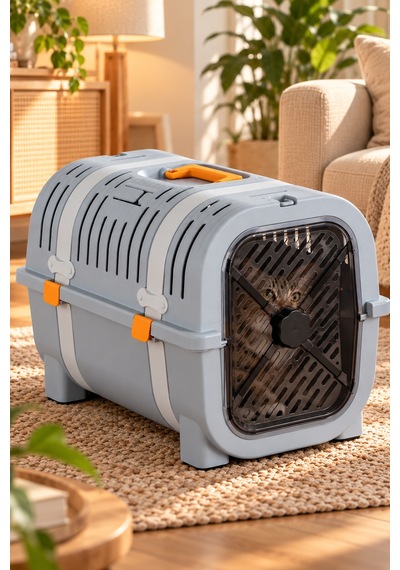 Porsima 0000 Premium Kedi Taşıma Çantası Ve Kafesi - Emniyet Kemer Yuvalı, Havalandırmalı Kedi & Küçük Irk Köpek Taşıma Kutusu Gri / Sarı