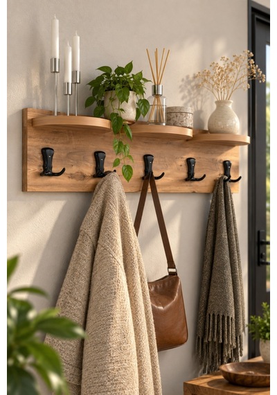 Sulorahome 5'li Duvar Askılığı Raflı Ve Kancalı Ceviz Desenli Kahverengi 80 Cm