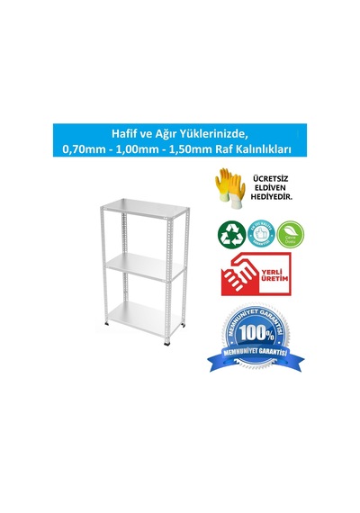 Raf Burada  3 Katlı Galvaniz Çelik Raf - Depo, Arşiv, Kiler, Dosya, Market Rafı-31x60 cm-100 cm-0.70 mm