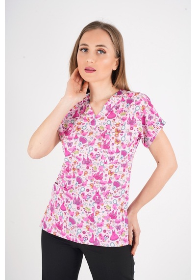 Unisex Pembe Prenses Desenli Likralı Scrubs Hemşire Doktor Hastane Üniforma Takımı Pembe