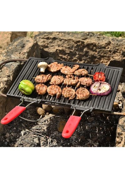 Lava Döküm Dikdörtgen Mangal Izgarası Ölçü 40x25cm. Silikon Paslanmaz Çift Tel Saplı Siyah