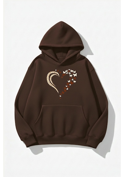 Uyguntarz Unisex Yumuşak Dokulu Kelebek Leoparlı Kalp Baskılı Tasarım Oversize 3 İplik Hoodie Sweatshirt Kahverengi