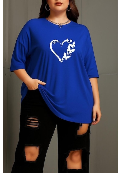 Büyük Beden Kalpli Kelebek Baskılı Unisex Tişört Saks Mavisi