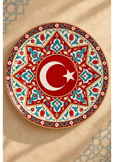 Dekoratif Duvar Tabağı Ay Yıldızın İzleri Dekorlu Seramik Tabak Bej