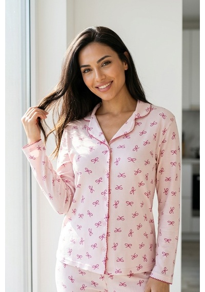 Aura Collections Kadın Pembe Çiçek Desenli Bambu Viskon Uzun Kollu Soft Örme Pijama Takımı