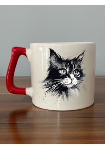Siyah Kedi Görselli Kırmızı Kulplu Kupa Bardak - Seramik Çay, Kahve Hediyelik Bardağı Beyaz