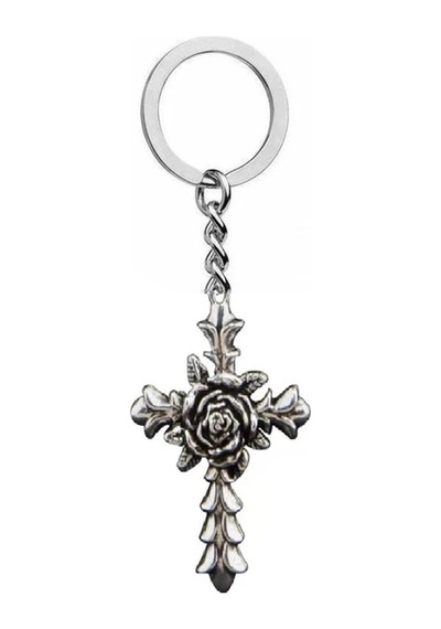 Gül Figürlü Antik Haç Metal Anahtarlık Unisex Gotik & Vintage Aksesuar