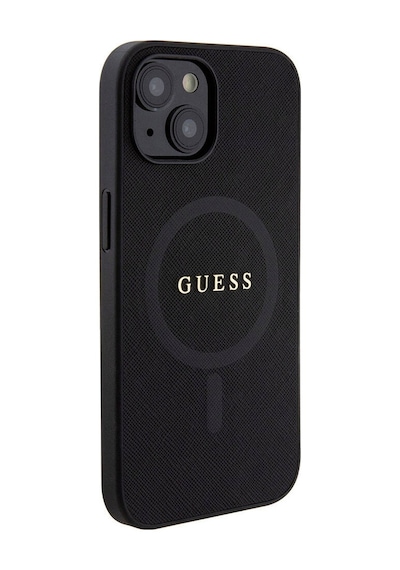 Apple Uyumlu iPhone 15 Kılıf Guess Lisanslı Magsafe Şarj Özellikli Yazı Logo Saffiano Kapak Siyah