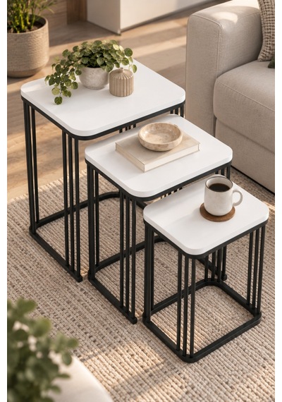 Sulorahome 3'lü Beyaz Kare Zigon Sehpa Seti Metal Ayaklı