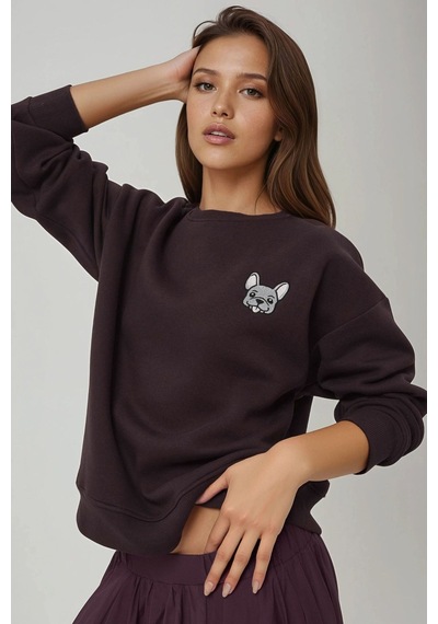 Hiccup Rahat Hayvan Nakışlı Şardonlu Bisiklet Yaka Hoodie Kestane Kahvesi