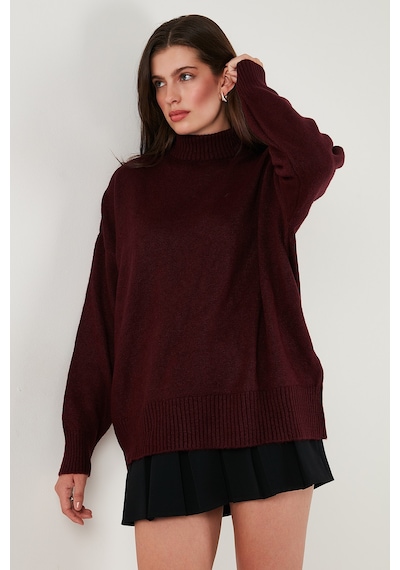 Lela Premium Oversize Fit Balıkçı Yaka Yumuşak Dokulu Triko Bayan Kazak 680Kz00469 Bordo