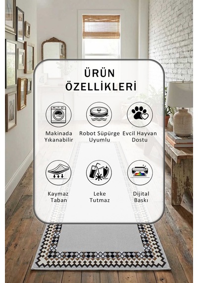 Resif Dijital Baskılı Kaymaz Yıkanabilir Yolluk Açık Gri