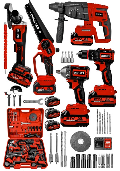Steiner 21v Darbeli Kömürsüz 5'li Set Kırıcı Delici Hilti - Somun Sıkma Sökme - Testere - Matkap - Vidalama Kırmızı