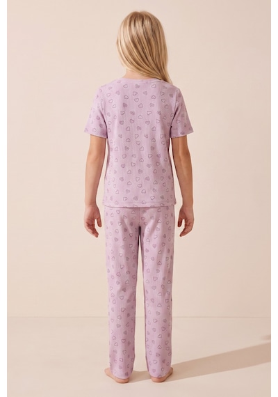 Siyah İnci Pamuklu Fitilli Kaşkorse Örme Pijama Takım 26120402 Lila Kalp