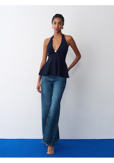 Dilvin 10787 Halter Yaka Metal Detaylı Peplum Triko Bluz-k.lacivert