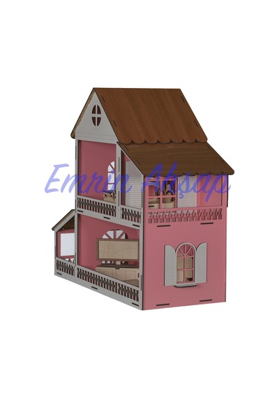 2 Katlı Pembe Ahşap Eşyalı Çocuk Oyun Evi Seti