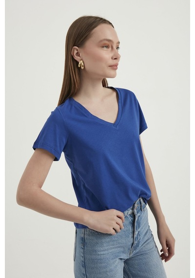 Hiccup V Yaka Temel T-shirt Kobalt Mavisi