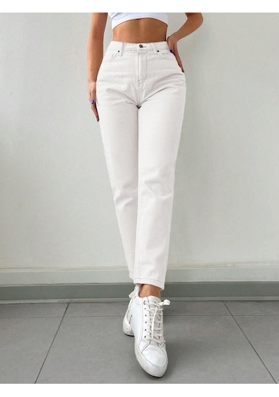 Kadın Mom Fit Jeans Kot Pantolon Beyaz Beyaz