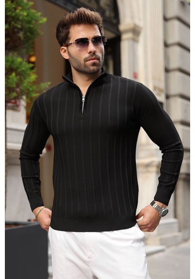 Madmext Siyah Slim Fit Hakim Yaka Fermuarlı Erkek Triko Kazak E7518