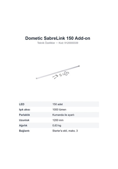 Dometic Sabrelink 150 Add-on Ön Çadır Led Lambası, 150 Led 1000 Lümen Ek Ünite 9120000339