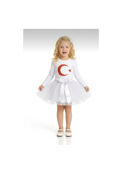 Nacar Store Kız Çocuk 23 Nisan 29 Ekim Gösteri Kıyafeti Ayyıldız Beyaz Uzunkol T-shirt Beyaz Tütü Etek Takım Beyaz-beyaz