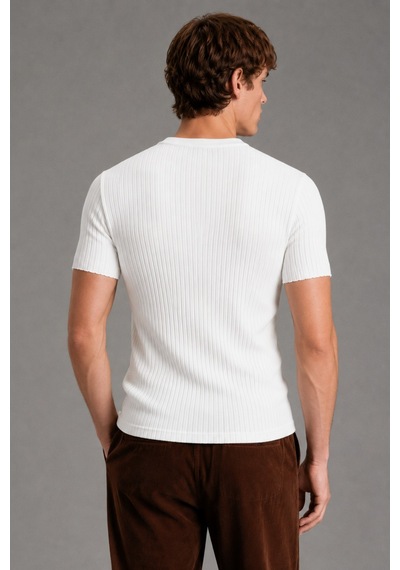 Tarz Cool Erkek Fitilli Likralı Slim Fit Bisiklet Yaka Tişört Beyaz