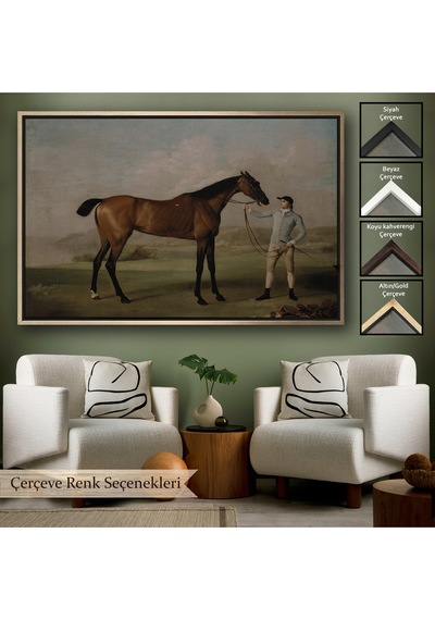 Ahşap Çerçeveli George Stubbs'un Uzun Bacaklı At Ve Jokeyi Tablosu - Molly Long-legs With Her Jockey-7012