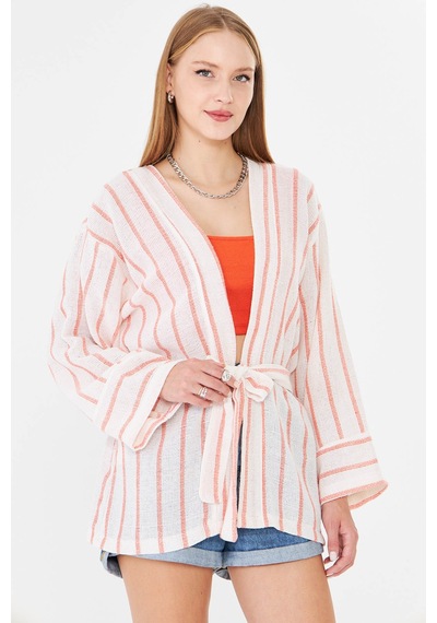 Armonika Kadın Turuncu-beyaz Kemerli Kimono Arm-25y001073