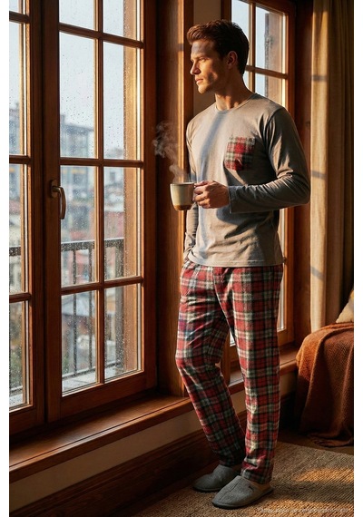 Buratti  Ekoseli Cepli Beli Lastikli % 100 Pamuk Regular Fit Erkek Pijama Takımı 6572001 Antrasit