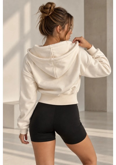 Bb Butik Basic Kapüşonlu Fermuarlı Kısa Kadın Sweatshirt Günlük Basic Model My3535 Ekru