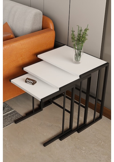 C Zigon Sehpa 3'lü Modern Metal Yan Sehpa, Laptop Masası Ve Koltuk Yanı Kahve Sehpası Beyaz