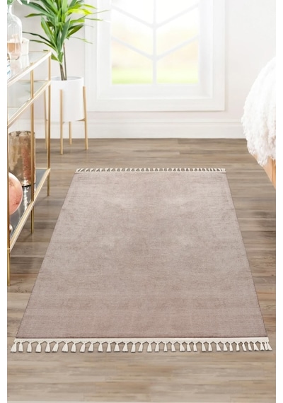 Vl Yuvarlak Comfort Ponpon Saçaklı Peluş Post Halı Kahverengi Halı Kahverengi Ponpon Saçaklı