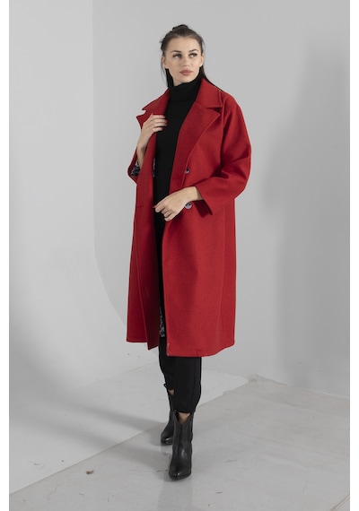 Feminist Kırmızı Önden Düğmeli Oversize Örme Kaşe Kaban 0108068