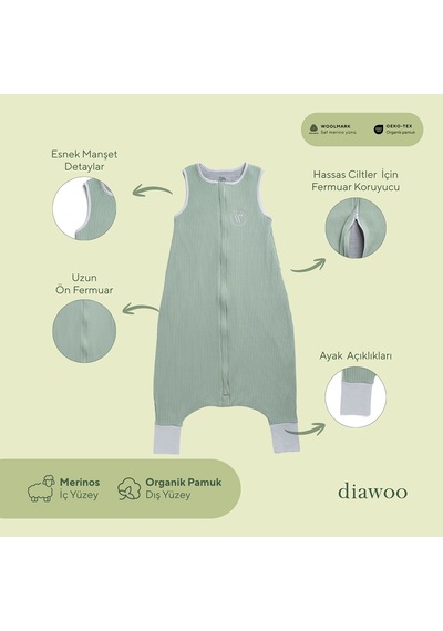 Diawoo Cocoon Walker 4 Mevsim Merino Uyku Tulumu,%100 Merino-Organik Pamuk,2-7 Yaş Haki Haki 2 - 4 Yaş