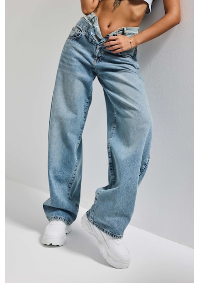 it's basic Kadın Kot Rengi 4s6-32 Barrel Fit Bol Kesim Çift Kemer Detaylı Tasarım Denim Jean Mavi