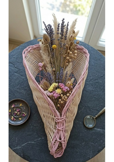 Handanrattan Pembe Kenarlı Külah Rattan Çiçek Buketi Sepeti 42x24x15 Cm Buket